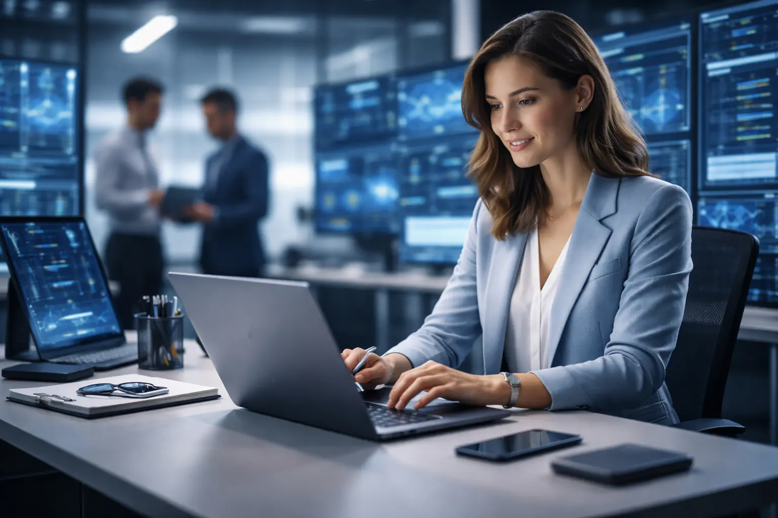 IT professional working on laptop in modern office with tech screens in background