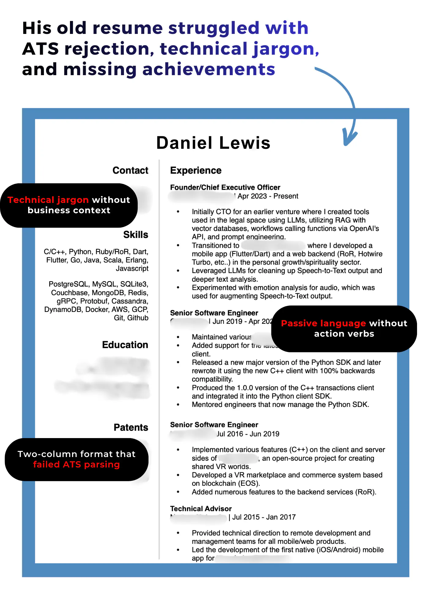 Old software engineer resume showing ATS issues, jargon, and weak achievements.