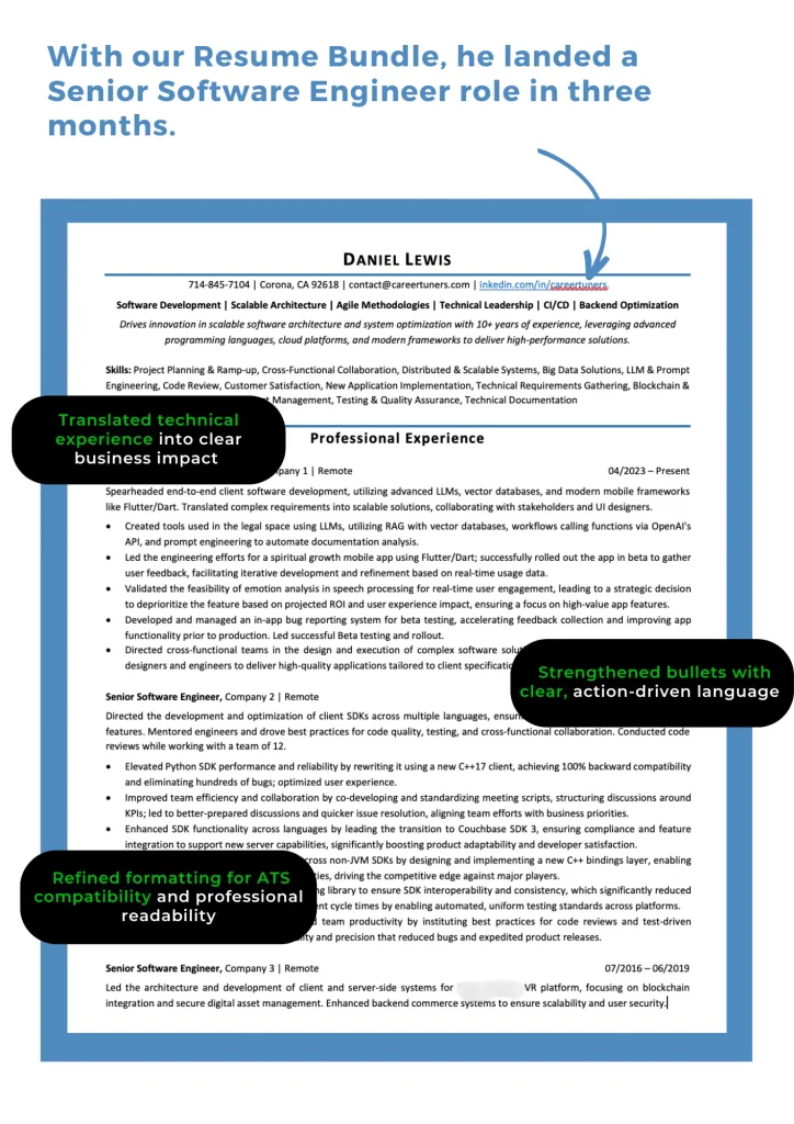 Infographic showing improvements made to a senior software engineer resume.