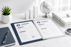 Modern executive resume documents on a bright white desk with professional office accessories.
