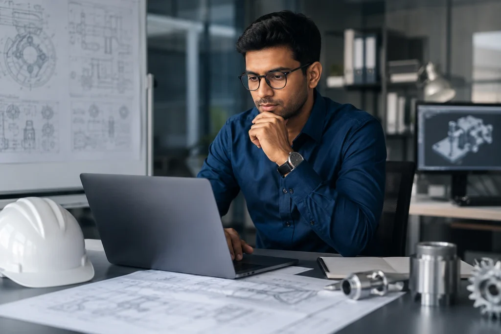 Engineer reviewing technical drawings and CAD designs on a laptop in a modern office