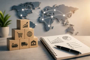 Supply chain analytics with logistics icons, global network map, and business planning notebook