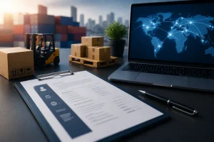 Professional supply chain resume with logistics workspace, laptop, and shipping boxes on desk.
