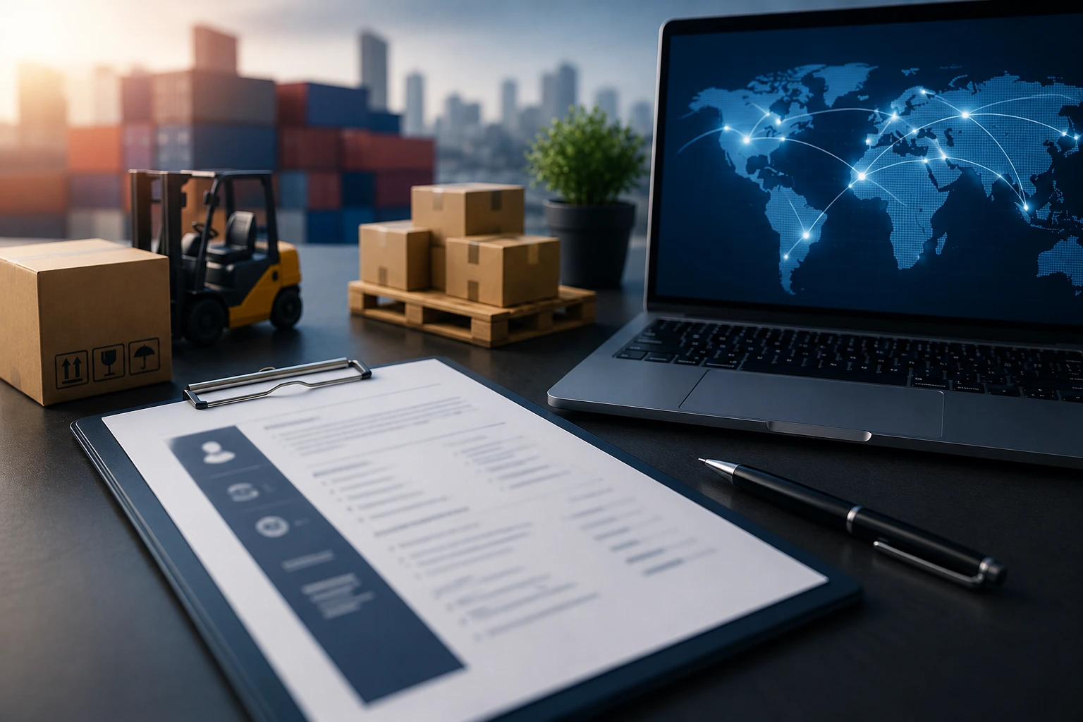 Professional supply chain resume with logistics workspace, laptop, and shipping boxes on desk.