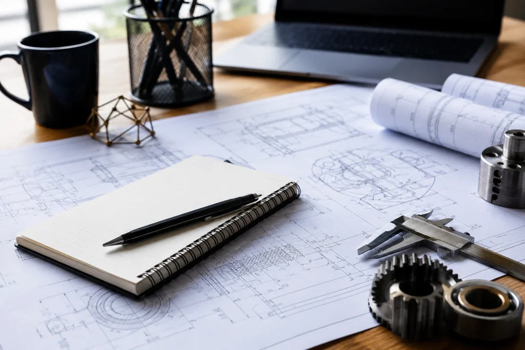 Engineering workspace with blueprints, technical drawings, calipers, gears, and a laptop.