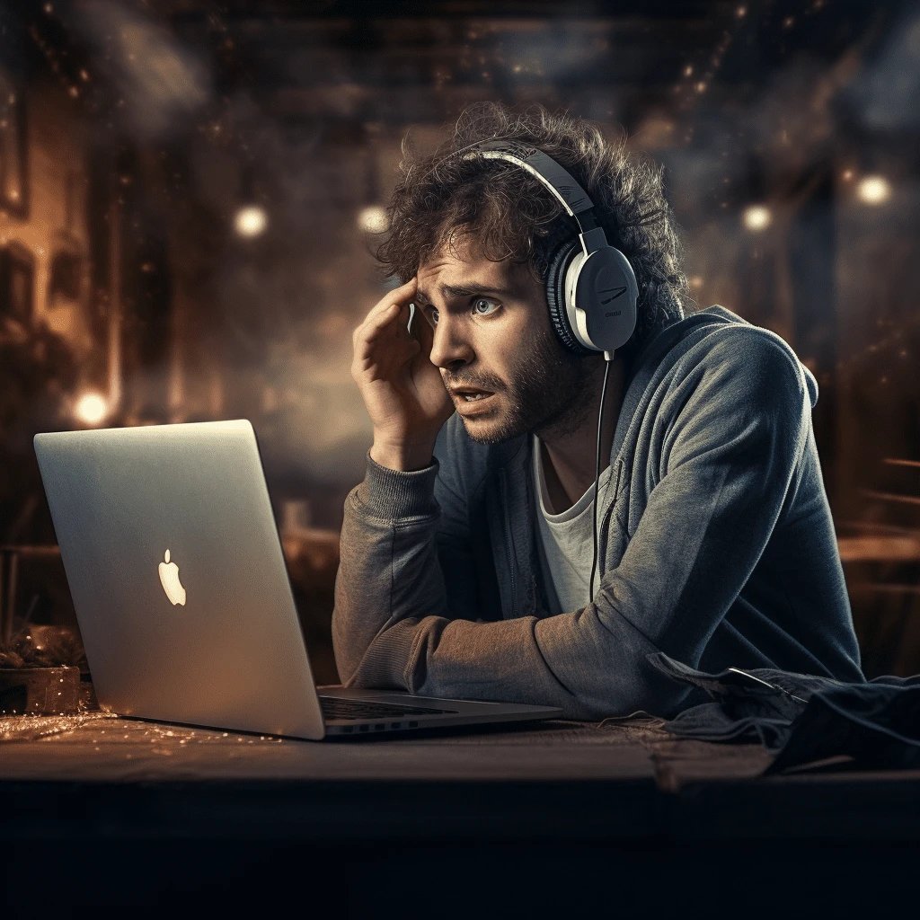 distressed man at a laptop with headphones
