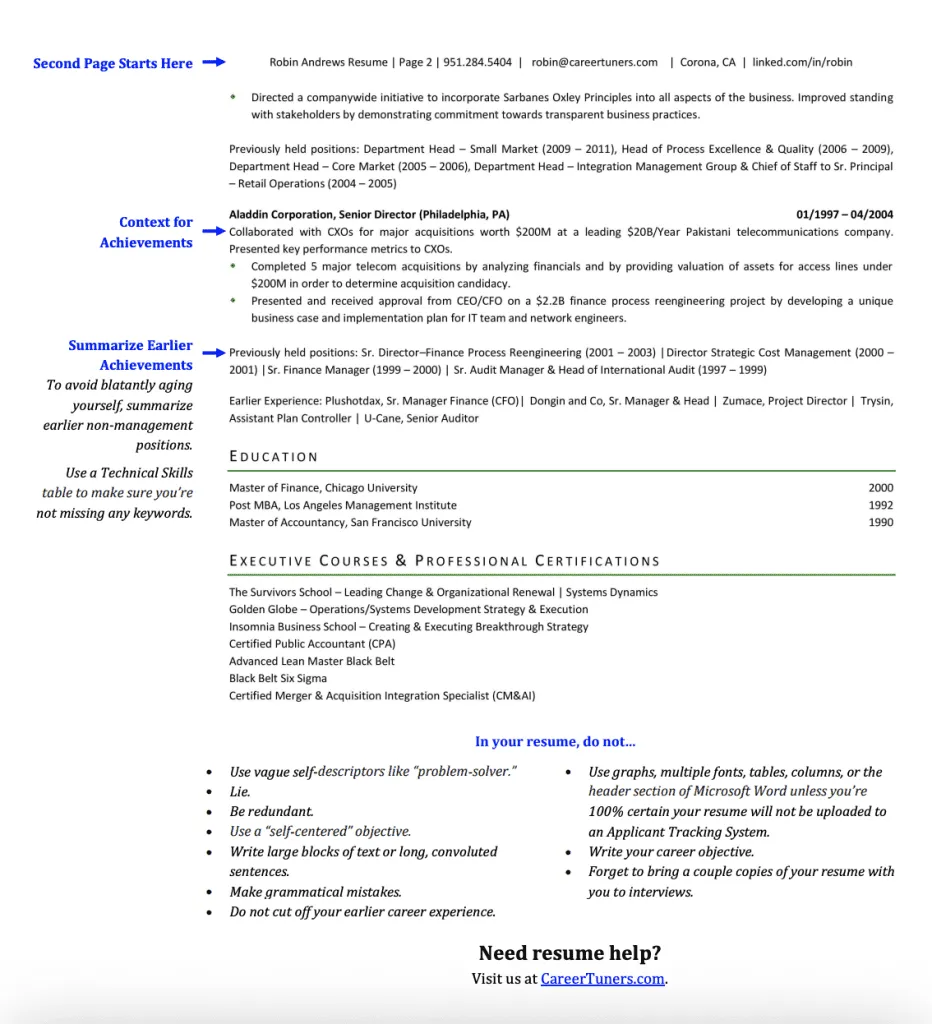 executive resume sheet show in image