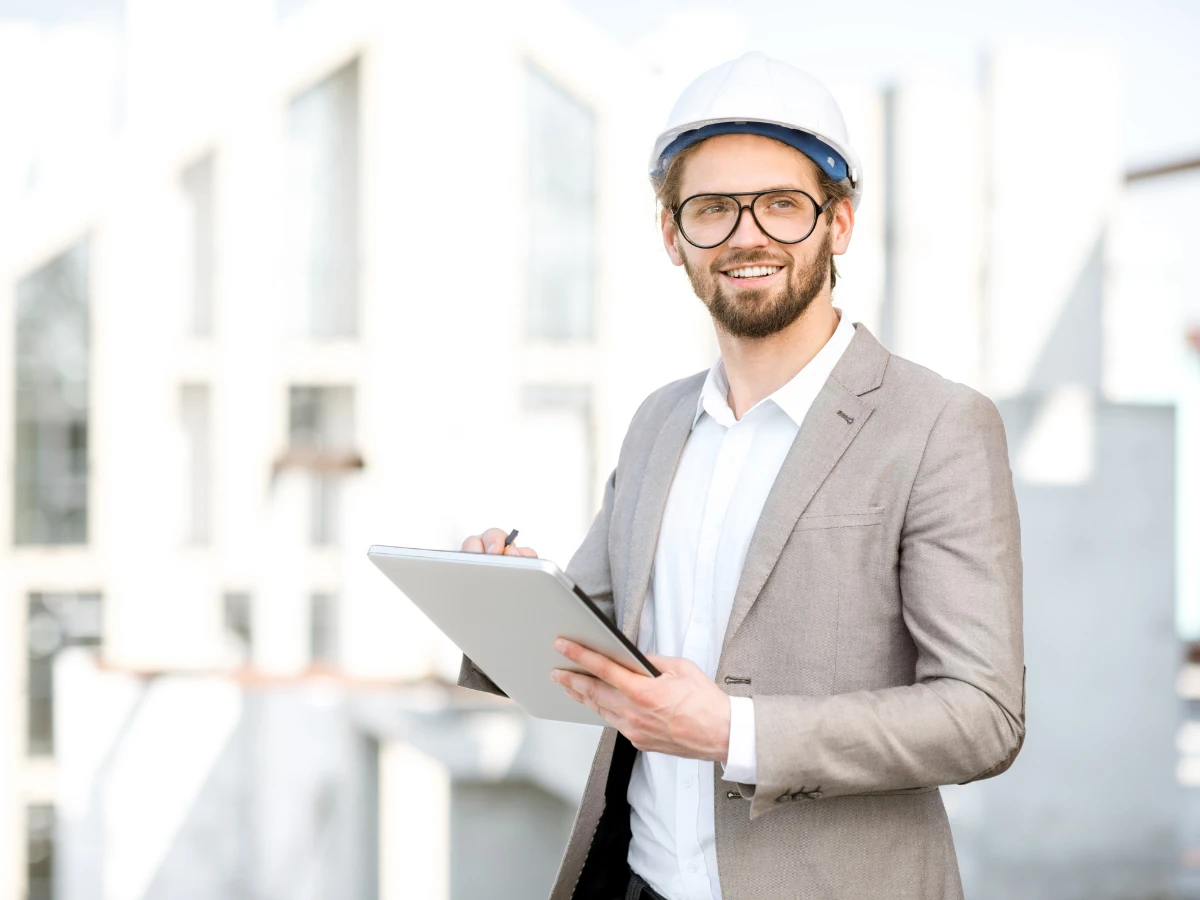 Engineer in a hard hat holding a tablet for engineering resume writing services.
